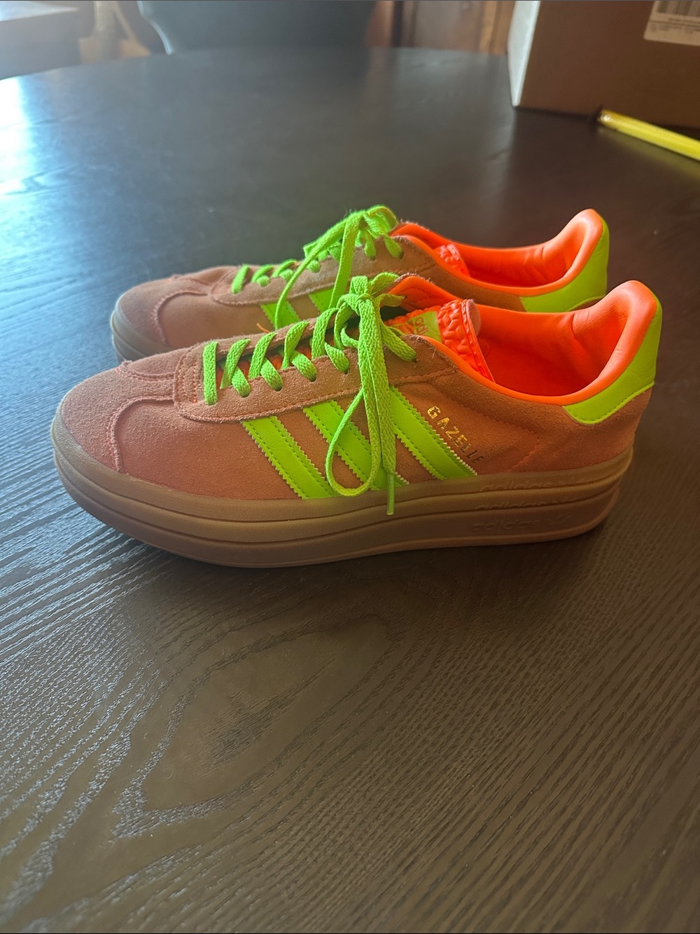 adidas Suede Platform Sneakers in Coral & Neon Green